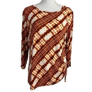 Ruby Rd Tie Dye Blouse Medium Orange Red White Striped Ruched Side 3/4 Sleeves